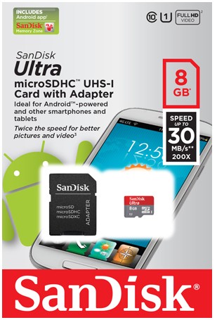Sandisk Ultra Android carte mémoire microSDHC UHS-I 8Go classe 10 avec adaptateur - SDSDQUA-008G-U46A