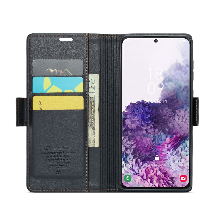 Étui CaseMe 023 en similicuir texture litchi, avec boucle papillon et protection antivol (RFID) pour Samsung Galaxy S20, Galaxy S20+, Galaxy A71 4G, Galaxy A51 4G/M40s