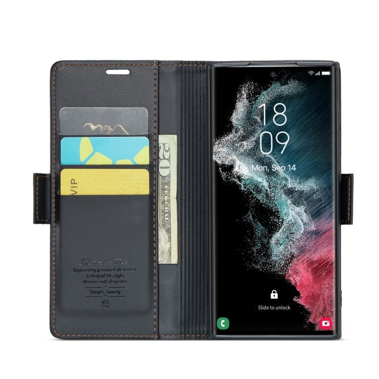 Étui CaseMe en simili-cuir avec boucle papillon Protection antivol RFID pour Samsung Galaxy S22 Ultra 5G / Galaxy S22+ 5G / Galaxy S20+ / Galaxy S24 Ultra / Galaxy A54 5G.