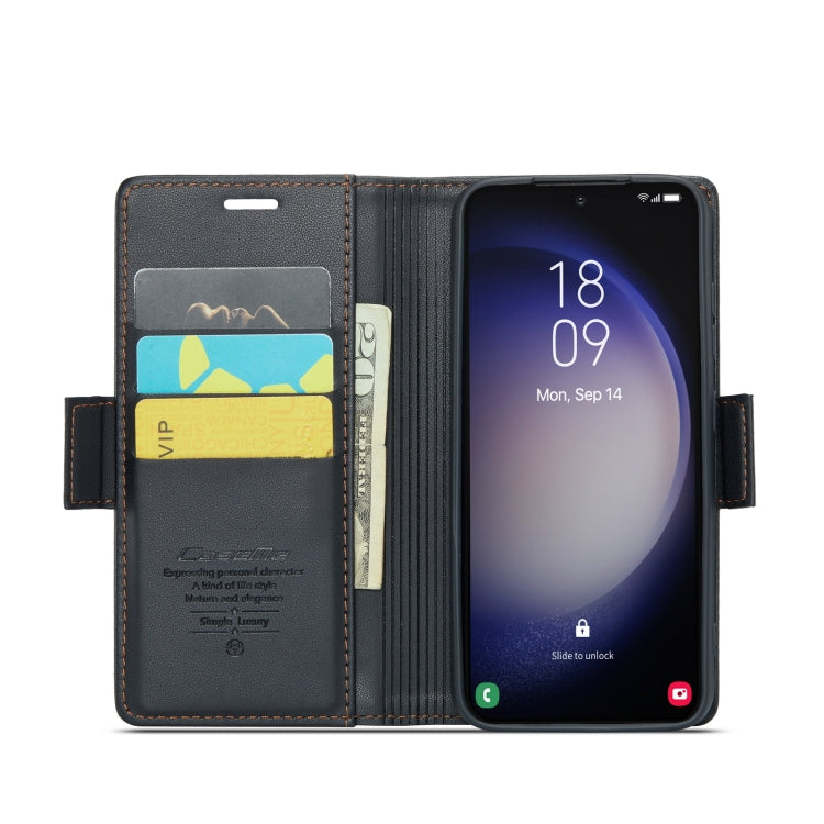 Étui CaseMe en simili-cuir avec boucle papillon Protection antivol RFID pour Samsung Galaxy S23+ 5G / Galaxy A12 5G / Galaxy S20 / Galaxy S23 Ultra 5G / Galaxy A33 5G.