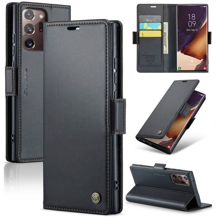 Étui CaseMe en simili-cuir avec boucle papillon Protection antivol RFID pour Samsung Galaxy S21+ 5G / Note 10+ / Note20 Ultra / A40 / A34 5G.