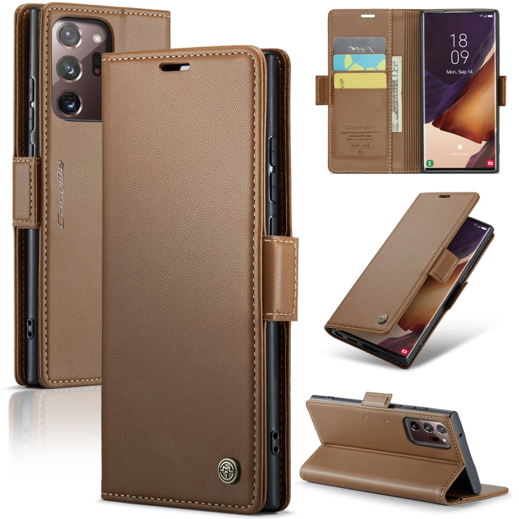 Étui CaseMe en simili-cuir avec boucle papillon Protection antivol RFID pour Samsung Galaxy S21+ 5G / Note 10+ / Note20 Ultra / A40 / A34 5G.