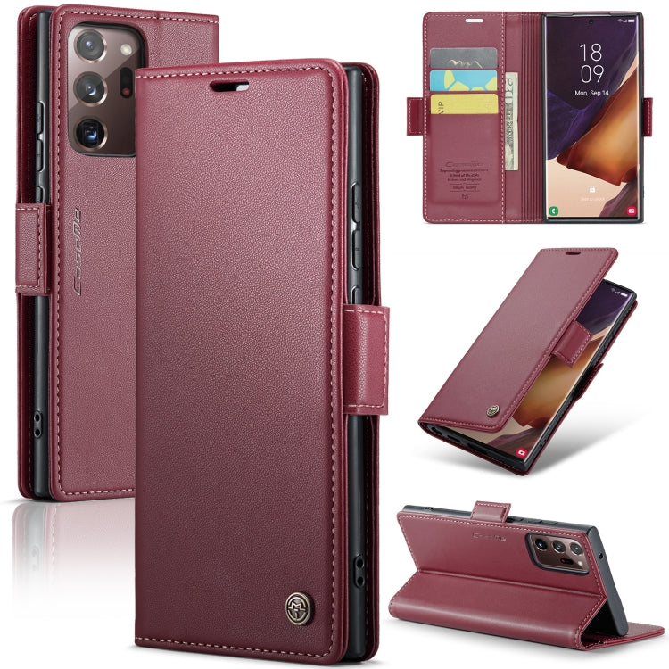 Étui CaseMe en simili-cuir avec boucle papillon Protection antivol RFID pour Samsung Galaxy S21+ 5G / Note 10+ / Note20 Ultra / A40 / A34 5G.