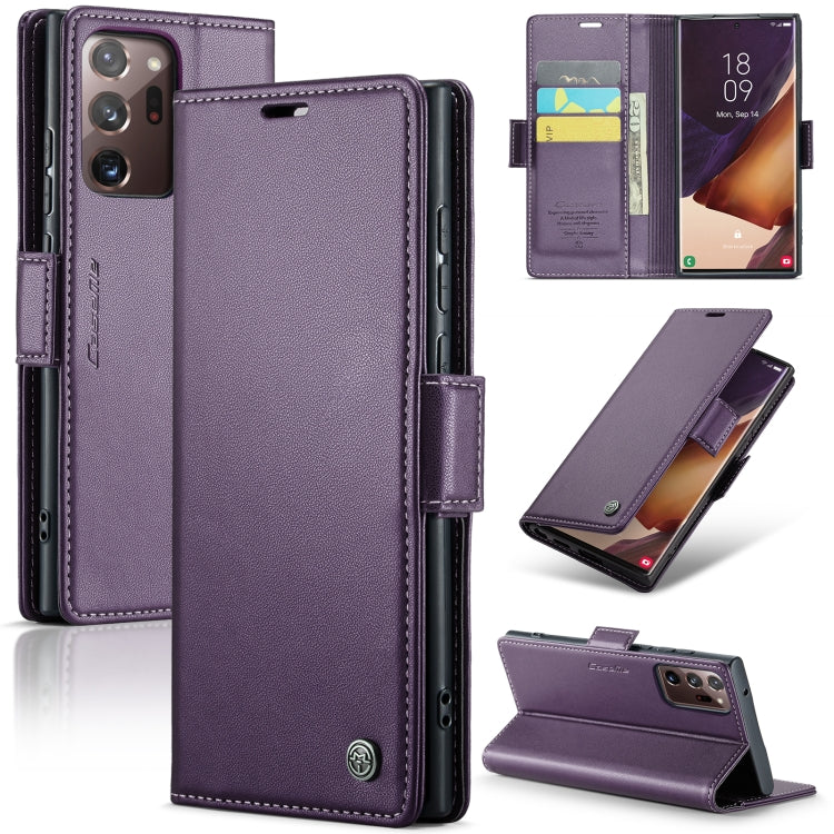 Étui CaseMe en simili-cuir avec boucle papillon Protection antivol RFID pour Samsung Galaxy S21+ 5G / Note 10+ / Note20 Ultra / A40 / A34 5G.