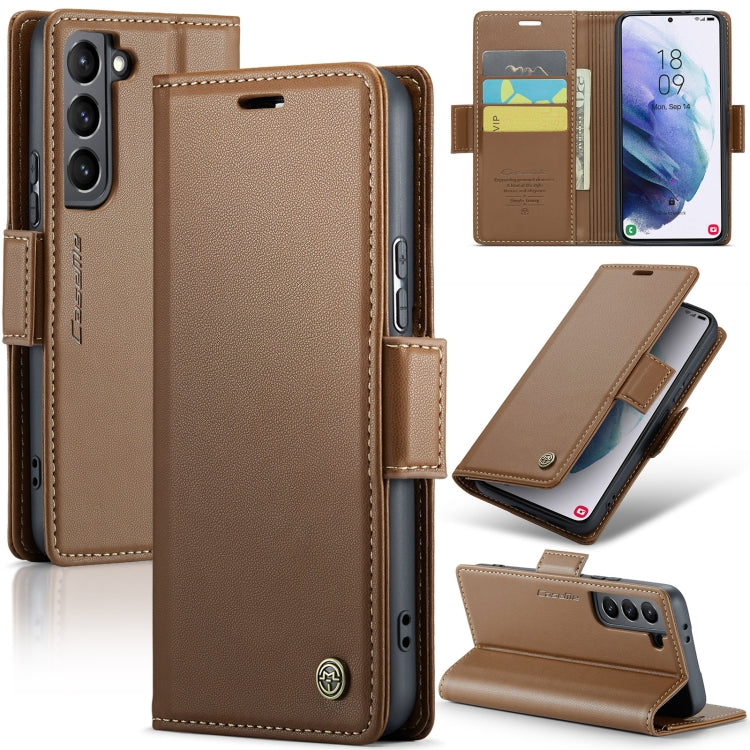 Étui CaseMe en simili-cuir avec boucle papillon Protection antivol RFID pour Samsung Galaxy S21+ 5G / Note 10+ / Note20 Ultra / A40 / A34 5G.