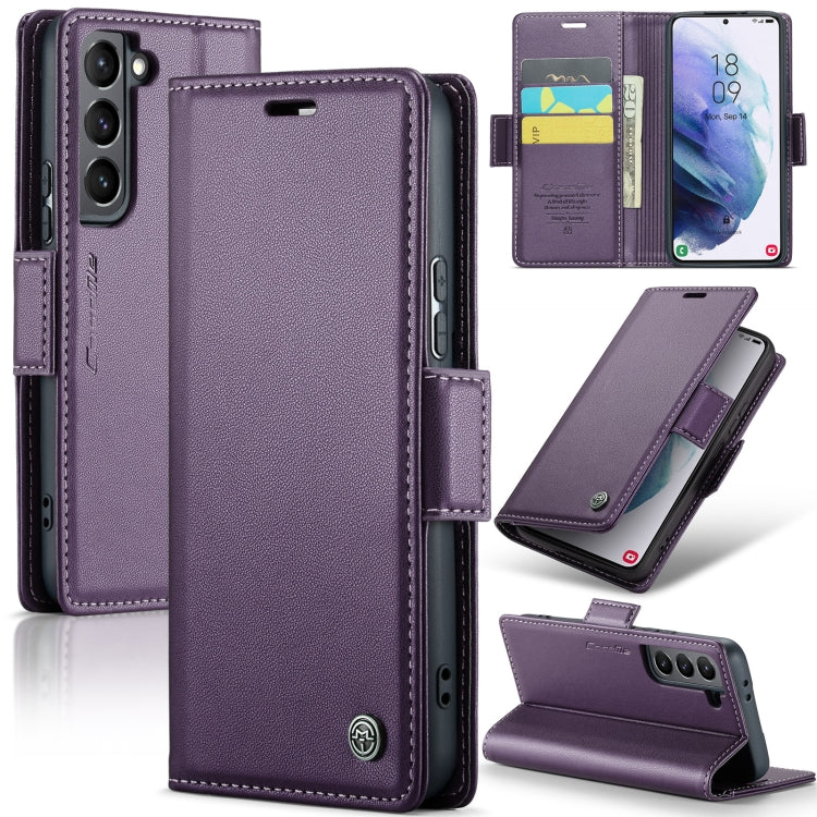 Étui CaseMe en simili-cuir avec boucle papillon Protection antivol RFID pour Samsung Galaxy S21+ 5G / Note 10+ / Note20 Ultra / A40 / A34 5G.