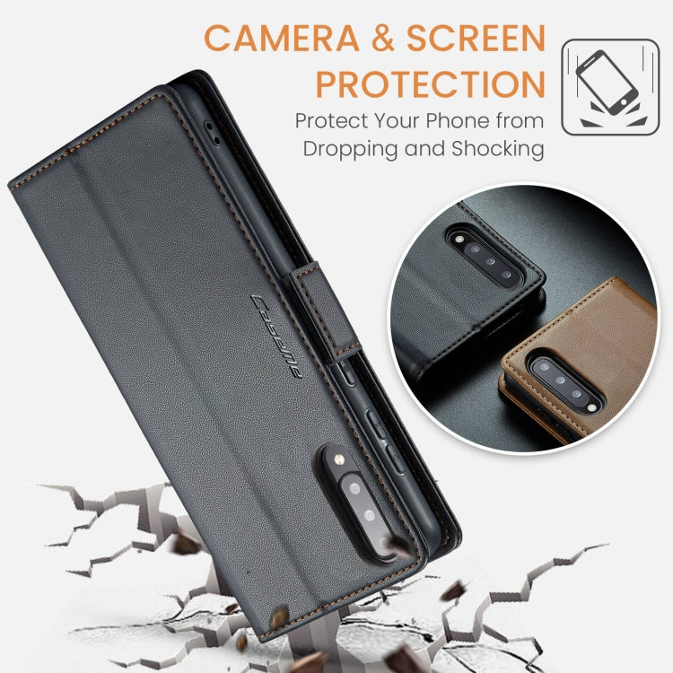 Étui CaseMe 023 en similicuir texture litchi, avec boucle papillon et protection antivol (RFID) pour Samsung Galaxy A70/A70s, Galaxy A20/A30/M10s, Galaxy A30s / A50s / A50, Galaxy Note10+