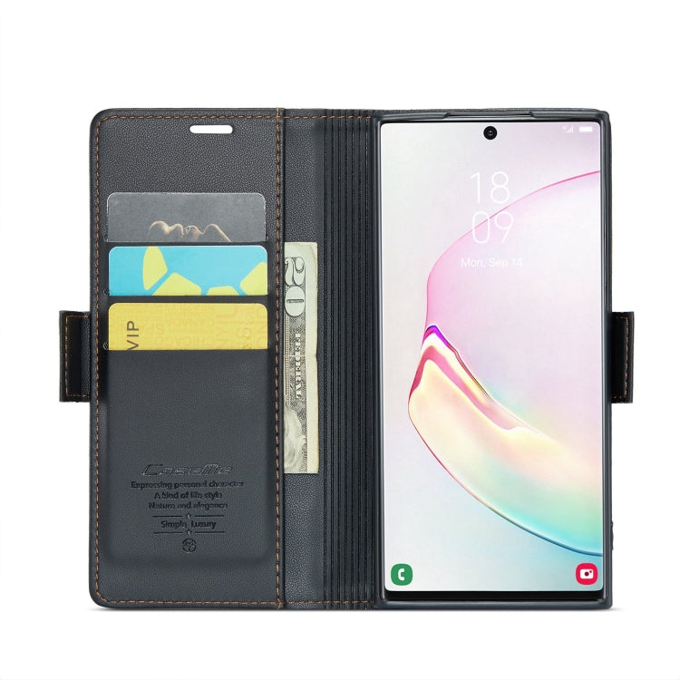 Étui CaseMe en simili-cuir avec boucle papillon Protection antivol RFID pour Samsung Galaxy S21+ 5G / Note 10+ / Note20 Ultra / A40 / A34 5G.