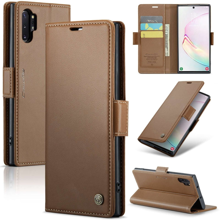 Étui CaseMe en simili-cuir avec boucle papillon Protection antivol RFID pour Samsung Galaxy S21+ 5G / Note 10+ / Note20 Ultra / A40 / A34 5G.