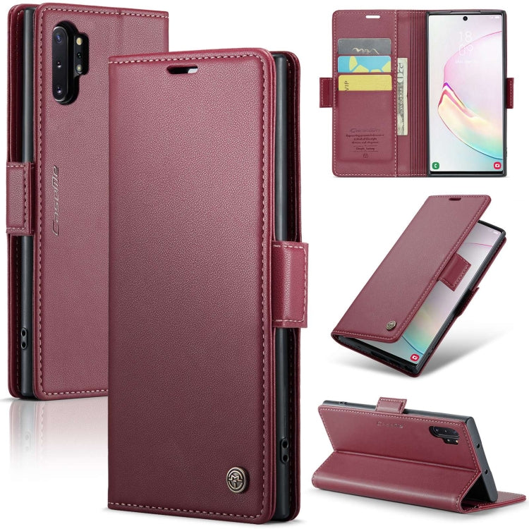 Étui CaseMe en simili-cuir avec boucle papillon Protection antivol RFID pour Samsung Galaxy S21+ 5G / Note 10+ / Note20 Ultra / A40 / A34 5G.