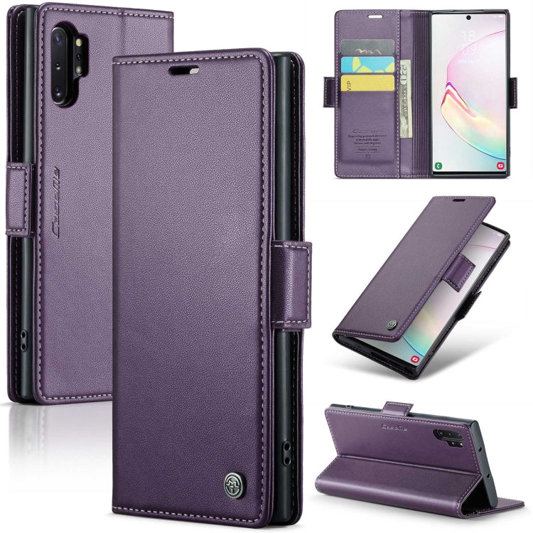 Étui CaseMe en simili-cuir avec boucle papillon Protection antivol RFID pour Samsung Galaxy S21+ 5G / Note 10+ / Note20 Ultra / A40 / A34 5G.