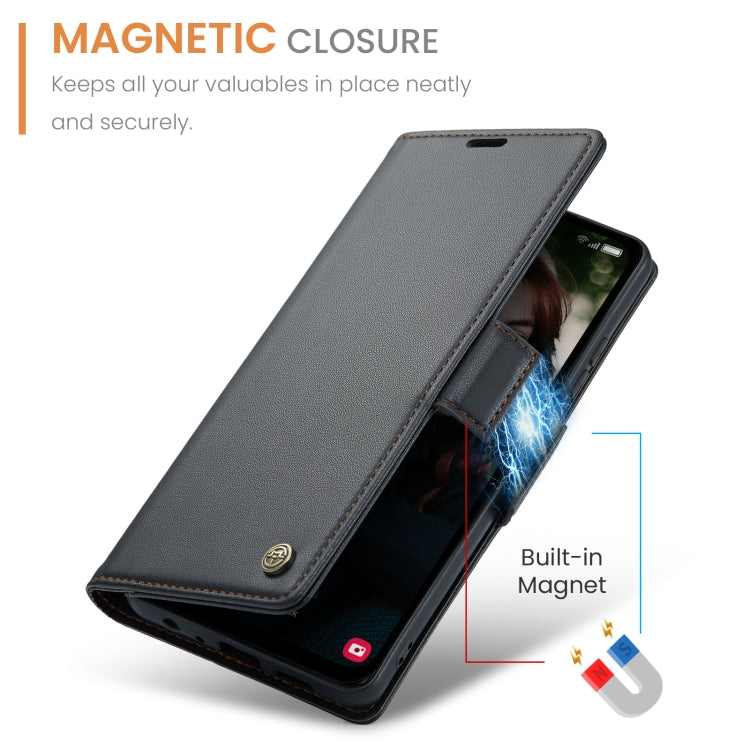 Étui CaseMe 023 en similicuir texture litchi, avec boucle papillon et protection antivol (RFID) pour Samsung Galaxy A15 4G/5G, Galaxy A55, Galaxy A35 5G, Galaxy S24 Ultra