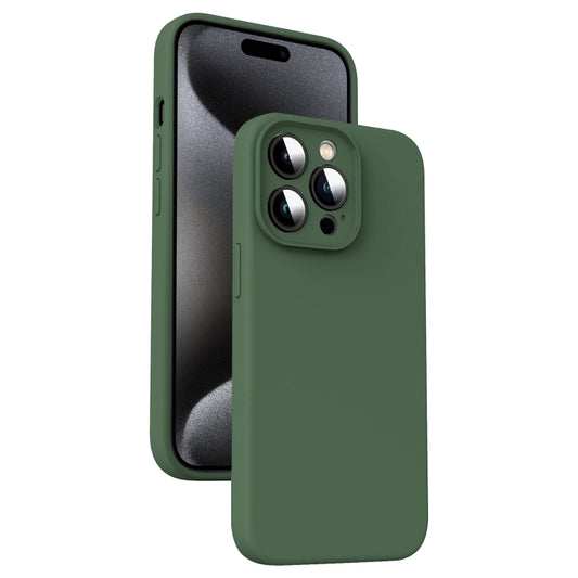 Coque de protection en silicone liquide vert foncé pour iPhone 16 Pro vue de dos