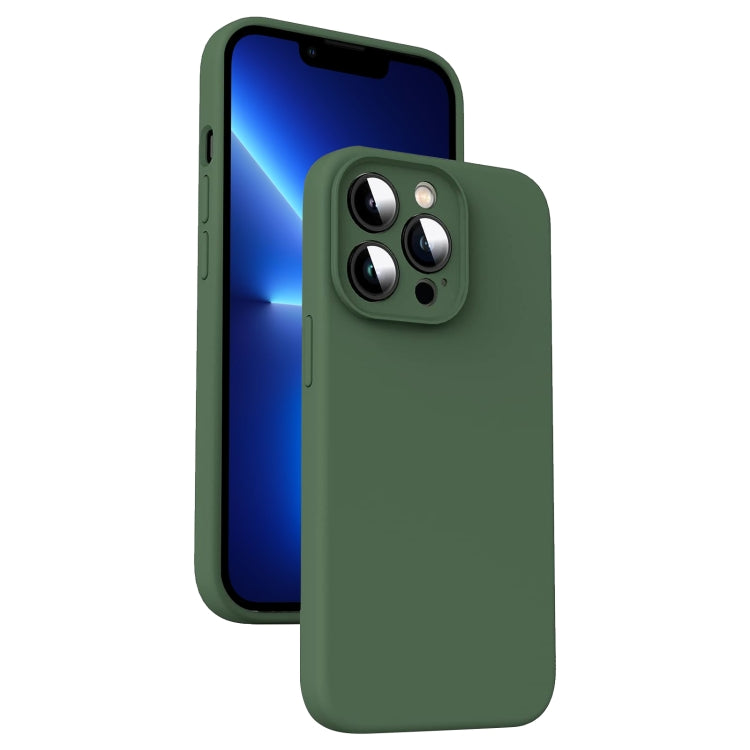 Coque de protection en silicone liquide vert foncé pour iPhone 16 Pro vue de dos.