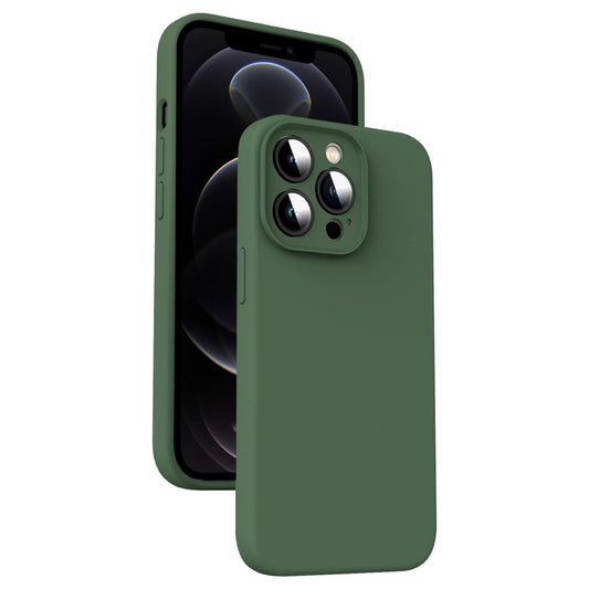 Image principale : Coque de protection en silicone liquide vert foncé pour iPhone 16 Pro vue de dos.