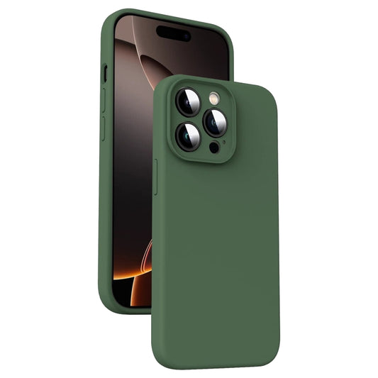 Coque de protection en silicone liquide vert foncé pour iPhone 16 Pro vue de dos.