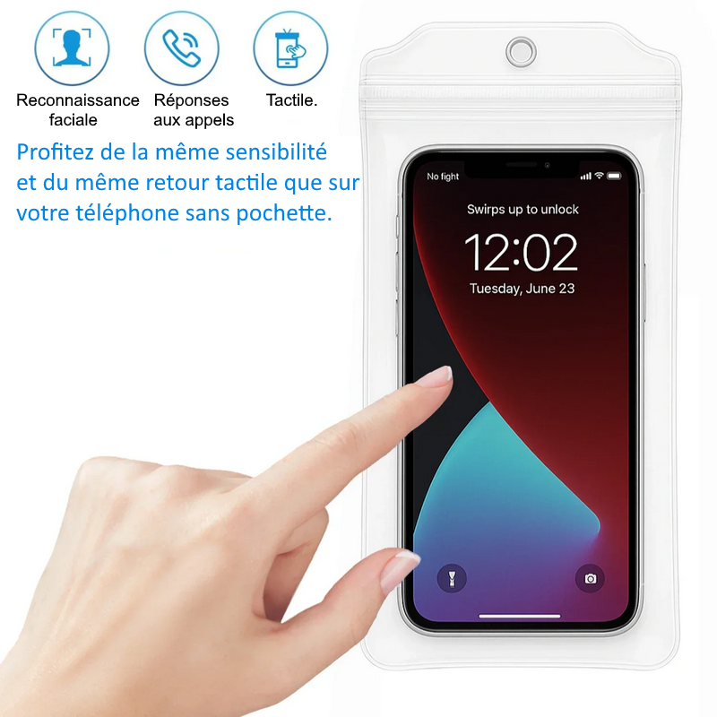 Pochette transparente étanche, pour téléphone jusqu'à 6.8 pouces + dragonne