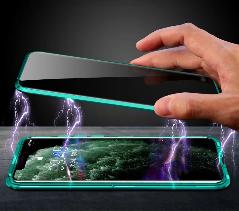 Étui de protection en verre trempé magnétique anti regard indiscrets pour séries iPhone 17 16 15 14 13 12 11 X 8 7, Coque avec pare-chocs en métal.
