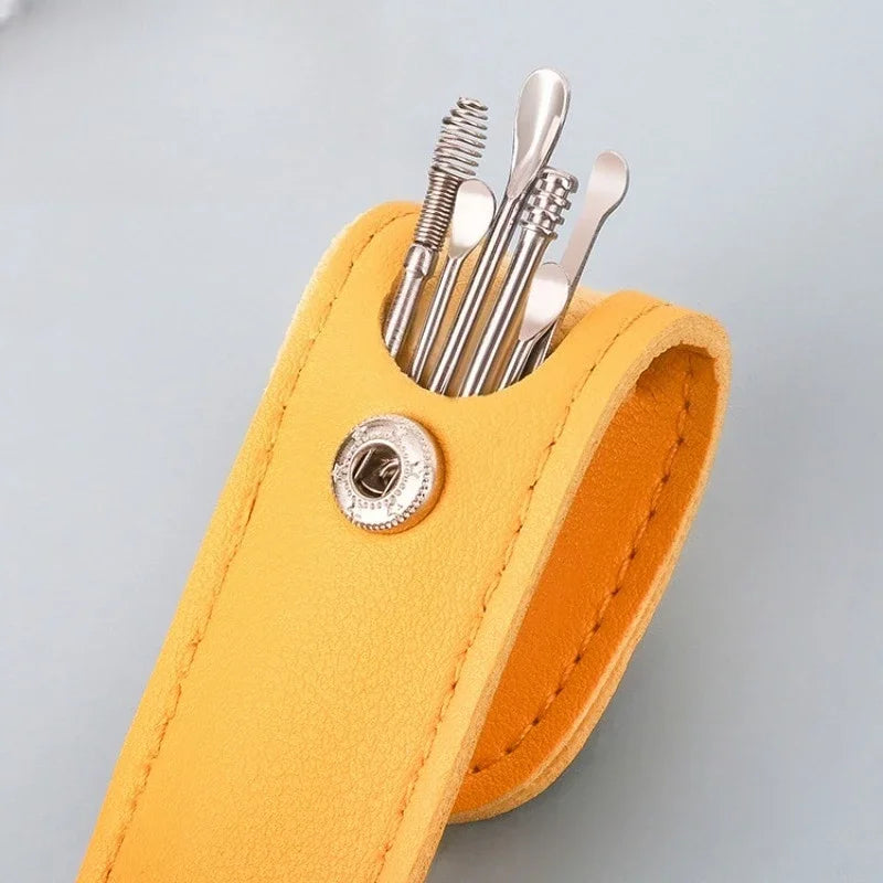 Kit d'Élimination du Cérumen Professionnel – Ensemble de 6 Outils de Nettoyage d'Oreilles en Acier Inox – Cure-Oreille Spirale & Cuillère avec Étui de Transport