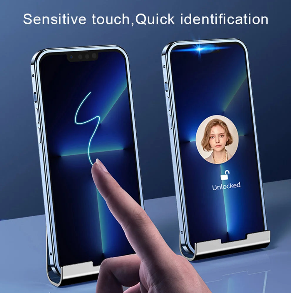 Étui à pression en métal à Adsorption magnétique complète 360°, pour series iPhone 17 16 15 14 13 12 11 , verre Double-face avec couvercle d'objectif d'appareil photo