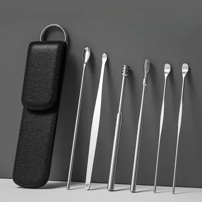 Kit d'Élimination du Cérumen Professionnel – Ensemble de 6 Outils de Nettoyage d'Oreilles en Acier Inox – Cure-Oreille Spirale & Cuillère avec Étui de Transport