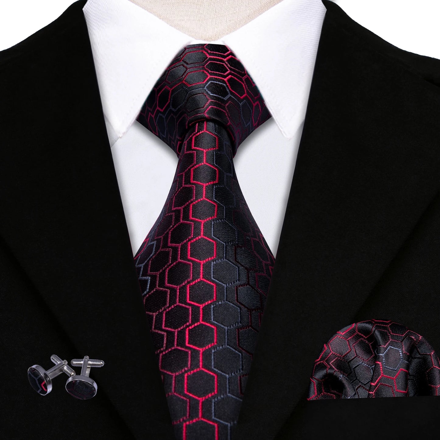 Cravate Homme Jacquard à Carreaux – Soie & Polyester – Ensemble Cravate + Pochette + Boutons de Manchette – Style Élégant Mariage & Affaires