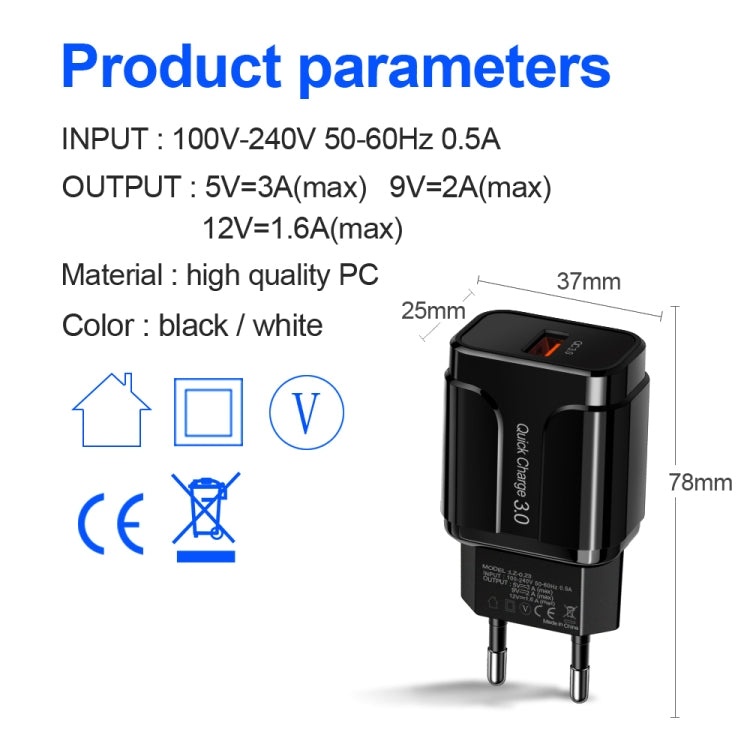 Chargeur universel rapide QC3.0 18 W avec port USB, prise UE