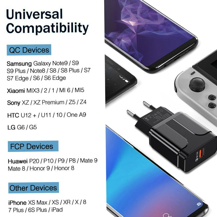 Chargeur universel rapide QC3.0 18 W avec port USB, prise UE