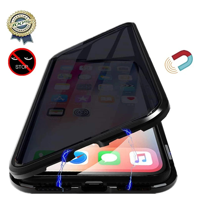 Étui de protection en verre trempé magnétique anti regard indiscrets pour séries iPhone 17 16 15 14 13 12 11 X 8 7, Coque avec pare-chocs en métal.