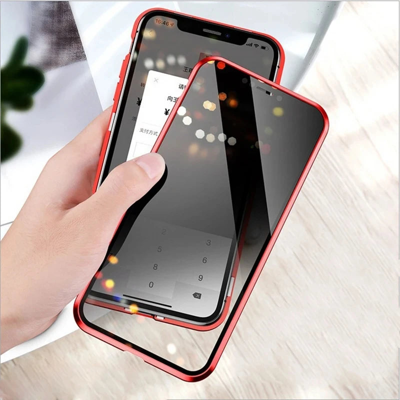Étui de protection en verre trempé magnétique anti regard indiscrets pour séries iPhone 17 16 15 14 13 12 11 X 8 7, Coque avec pare-chocs en métal.