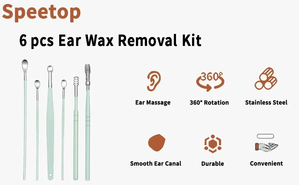 Kit d'Élimination du Cérumen Professionnel – Ensemble de 6 Outils de Nettoyage d'Oreilles en Acier Inox – Cure-Oreille Spirale & Cuillère avec Étui de Transport