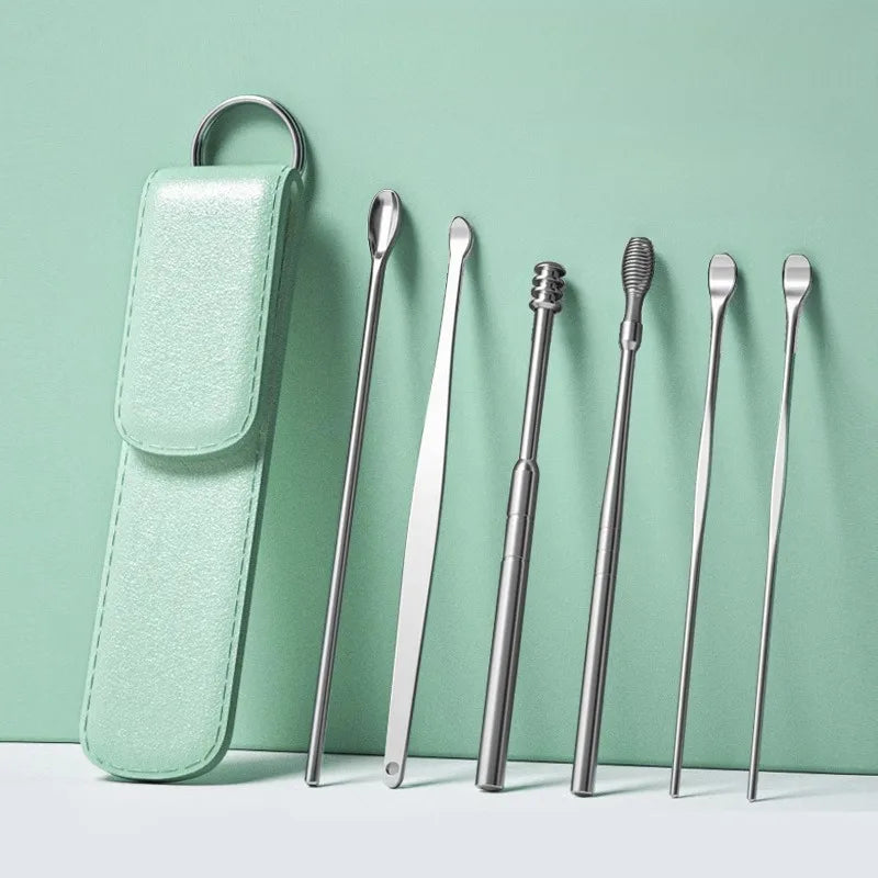 Kit d'Élimination du Cérumen Professionnel – Ensemble de 6 Outils de Nettoyage d'Oreilles en Acier Inox – Cure-Oreille Spirale & Cuillère avec Étui de Transport