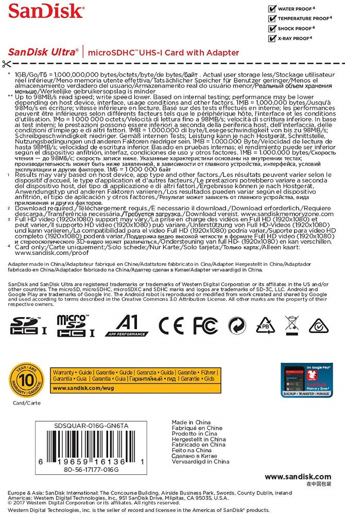 Carte microSDHC / microSDXC SanDisk Ultra Classe 10 UHS-I homologué A1